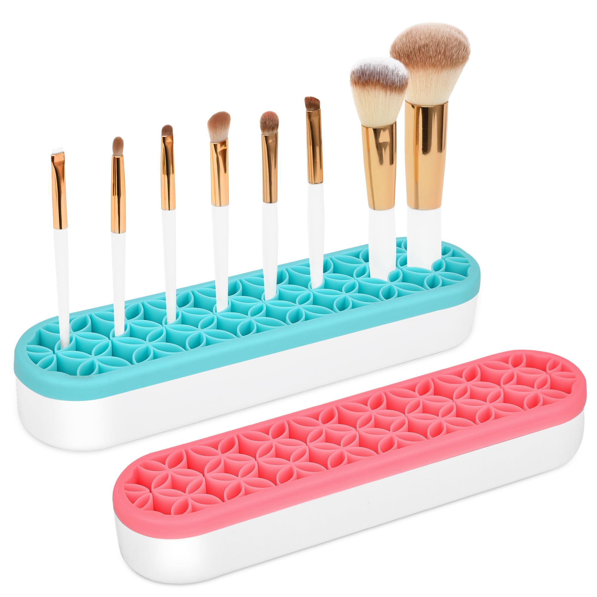 UPSEN Silicone Makeup Brush Holder, 2PCS Desktop Cosmetic Storage Box Organizer for Brush, Eyeliners, Cosmetic Tools, Pen, Pencil, Art Supplies, Painting Brush, and more - Blue & Pink
