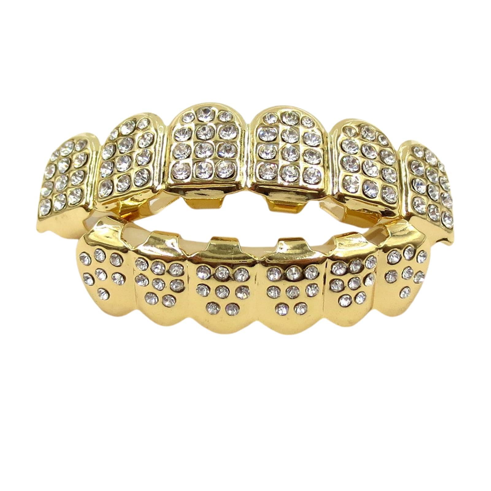 Grills for Teeth Set, Dimond Grillz Hip Hop Style, Grillz Teeth with Rhinestones for Party Music Festival Cosplay Decoration (Gold)