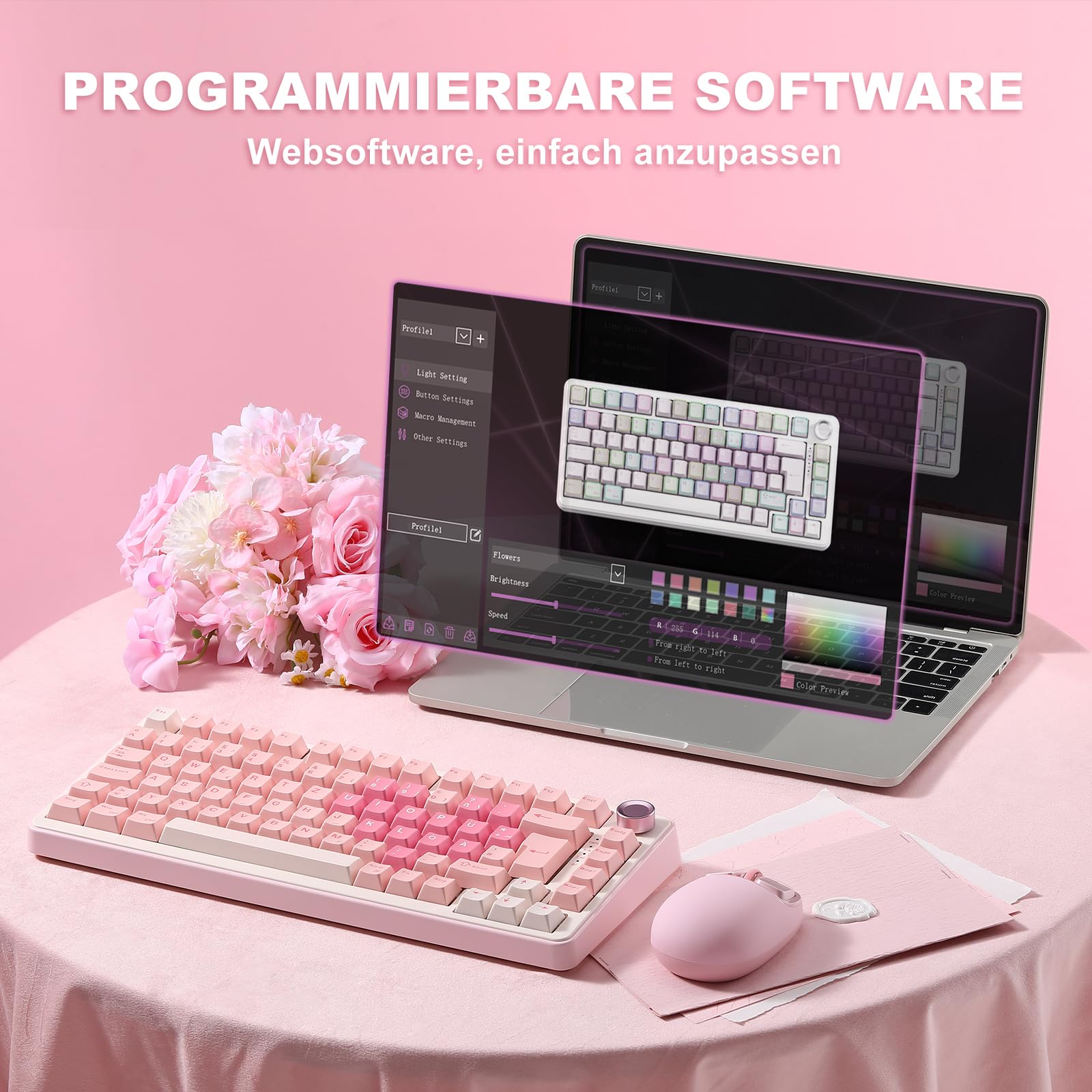 YUNZII B75 PRO ISO-DE Teclado mecánico para juegos, 75% disposición QWERTZ (DE) con botón giratorio, BT5.0/2.4GHz/USB-C, interruptor prelubricado, RGB para Win/Mac/PC (rosa, interruptor de leche)