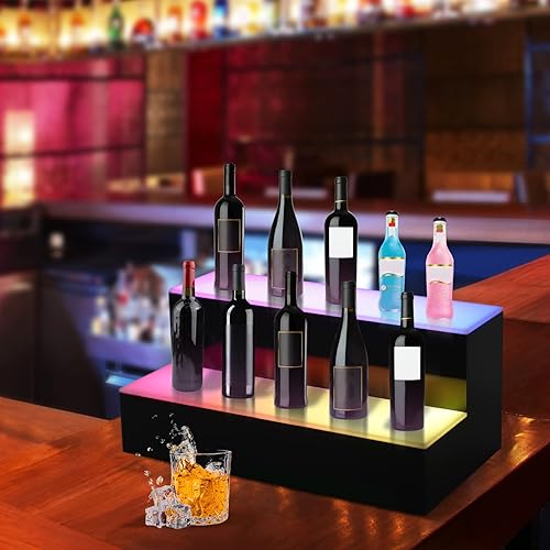 Miniatura 4 de Estante de exhibición de botellas de licor con iluminación LED, estantes de barra LED de acrílico de 16 en 2 escalones para licor, soporte de