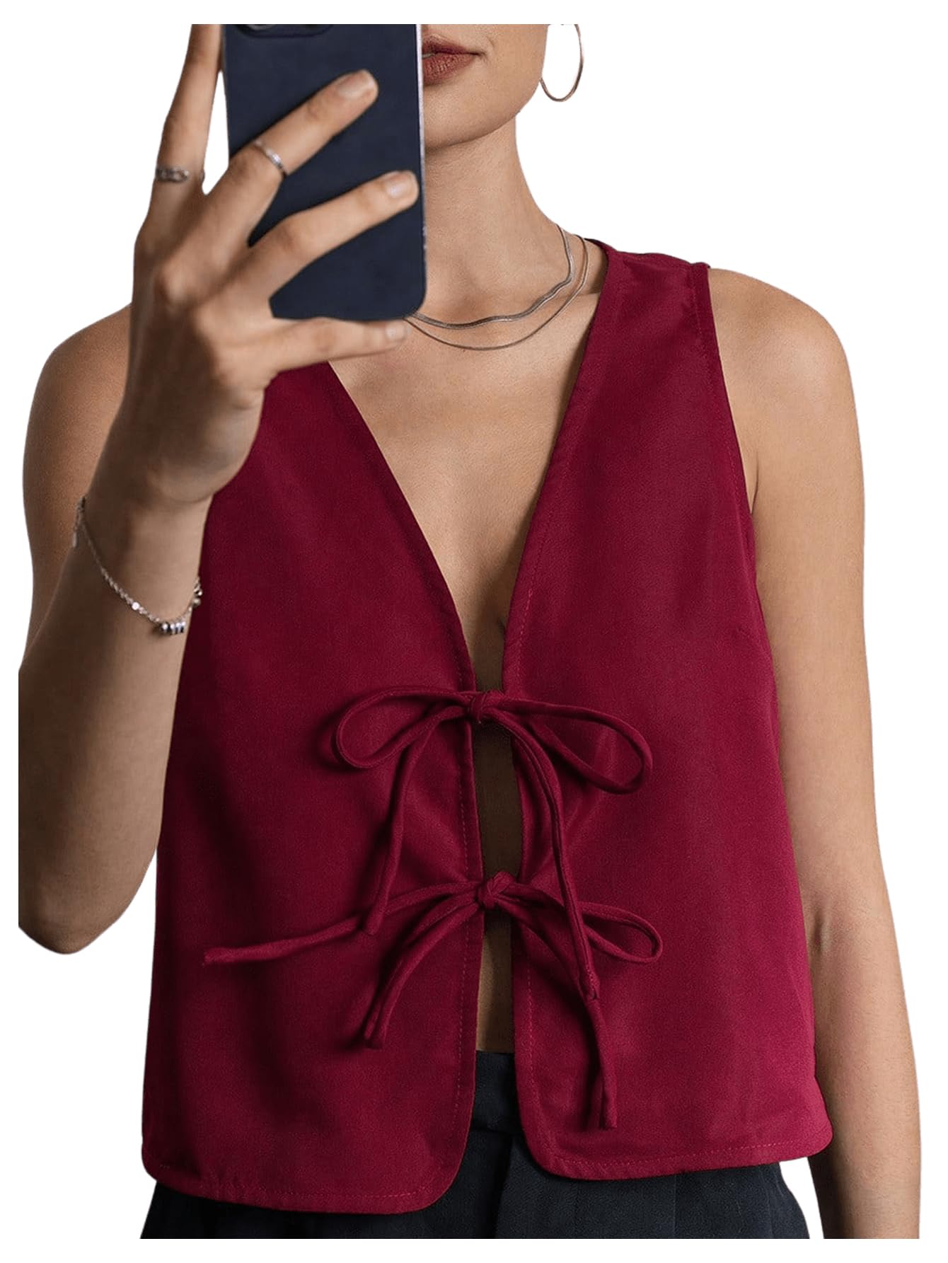 MakeMeChic Womens Bow Tie Front Vest V Neck Sleeveless Summer Vest Tops