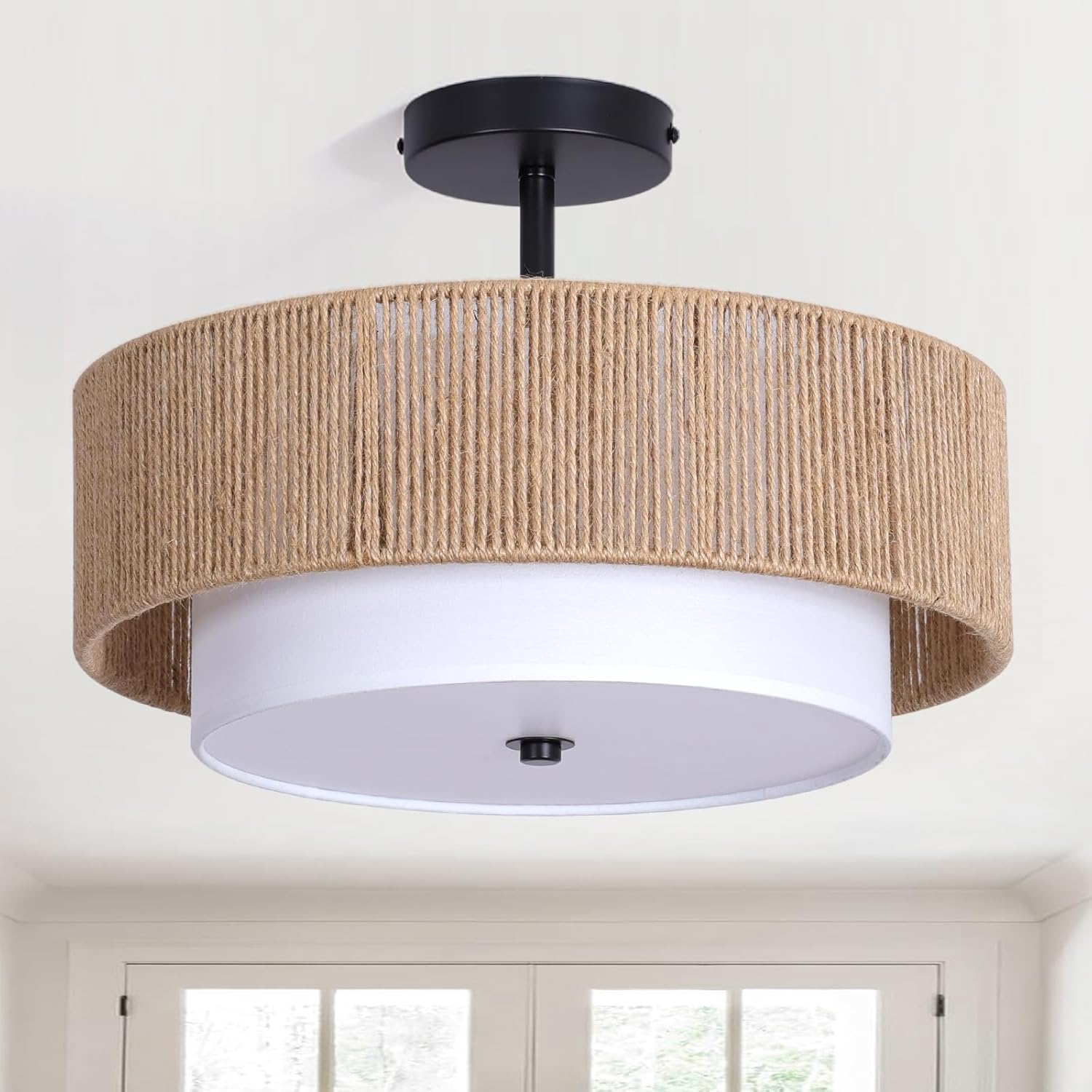 Bohemian Semi-Recessed Pendant Light Wicker Ceiling Lamp 16-Inch Farmhouse-Style Pendant with Natural Hemp Rope Fabric Shade Suitable for Dining Room/Living Room/Bedroom/Kitchen