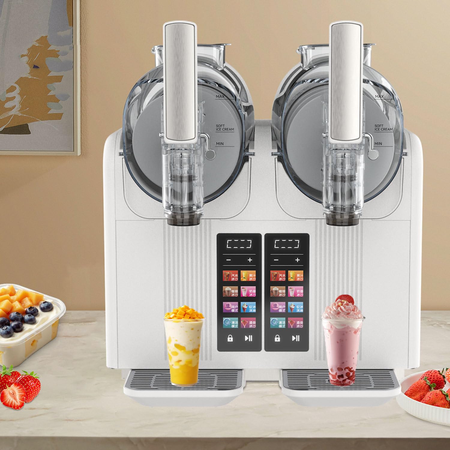 GTANND Twin-Cylinder Touchscreen Smoothie Maker,Slushie Maker Machine,7 Presets,Quiet,Auto-Clean,Adjustable Temperature And Hardness，Soft Ice Cream, Smoothies, And Iced Drinks White