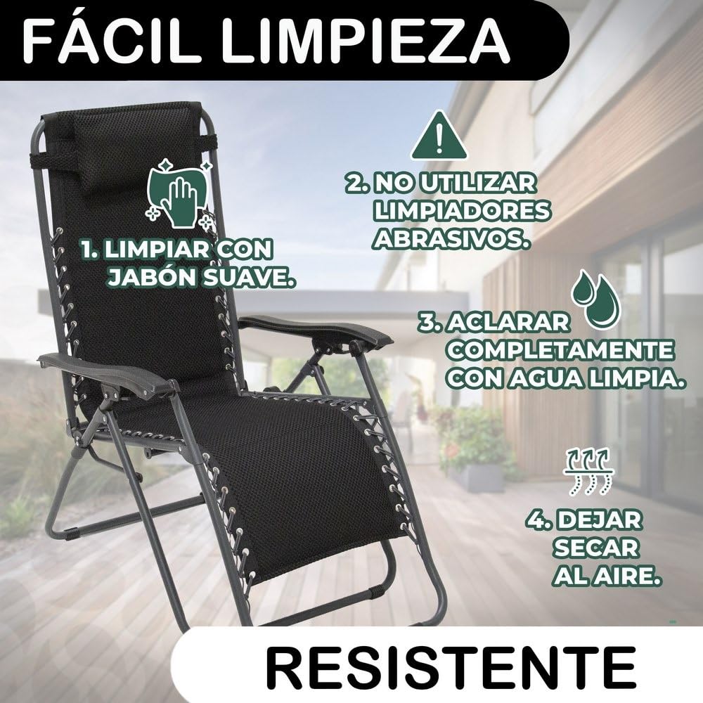 LOLAhome 2 sillas Gravedad Cero Camping jardín y terraza, reclinables, Bloqueo de Seguridad, Estructura Acero y Asiento Lona Oxford poliéster 3D Negras