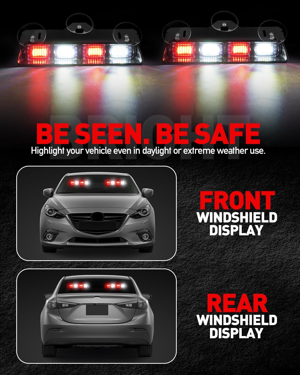 HLauto 2002L Emergency Dash Strobe Lights: Red White Safety Lights, Flashing Warning Hazard Windshield Visor Traffic Light Bars for Trucks, Construction Vehicles (2x8.5 inch, 48LED)