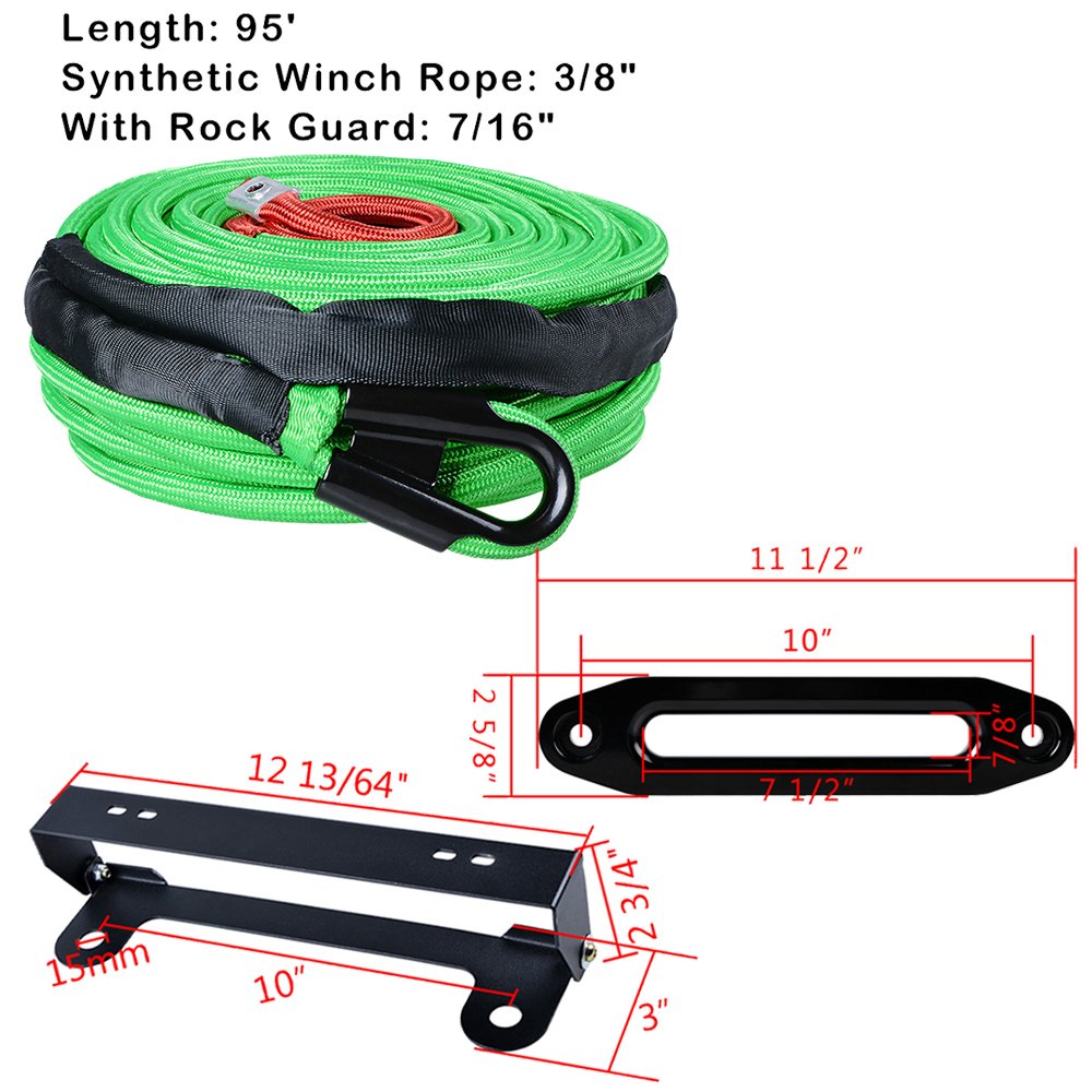 Astra Depot 95ft x 3/8 inch (reen Synthetic Winch Rope Cable 22000LBs Rock Guard + Anodized Black 10