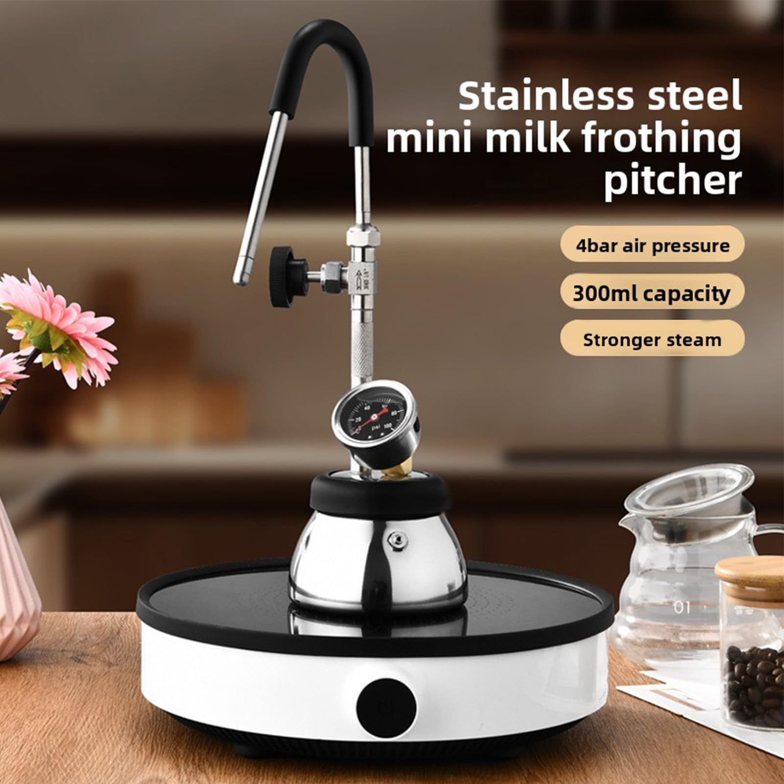SUNGOOYUE Parowy Spieniacz do Mleka ze Stali Nierdzewnej 4 Bary z 3 Otworami, Parowiec do Mleka z płytą kuchenną z Manometrem Latte Cappuccino, Kompatybilny z indukcyjną ceramiką gazową