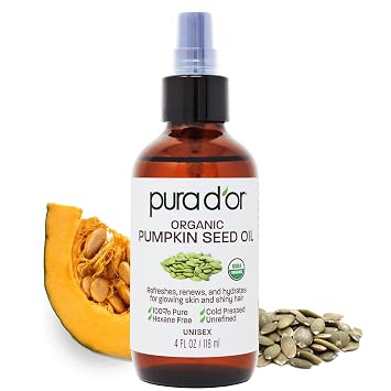 PURA DOR Organic Pumpkin Seed Oil - 100% Pure USDA Certified Premium Grade Body Oil - After Shower Body Oil For Women & Men - Cold Pressed, Unrefined, Hexane-Free Skin Oil 4 Oz Ayurvedic Skin Care