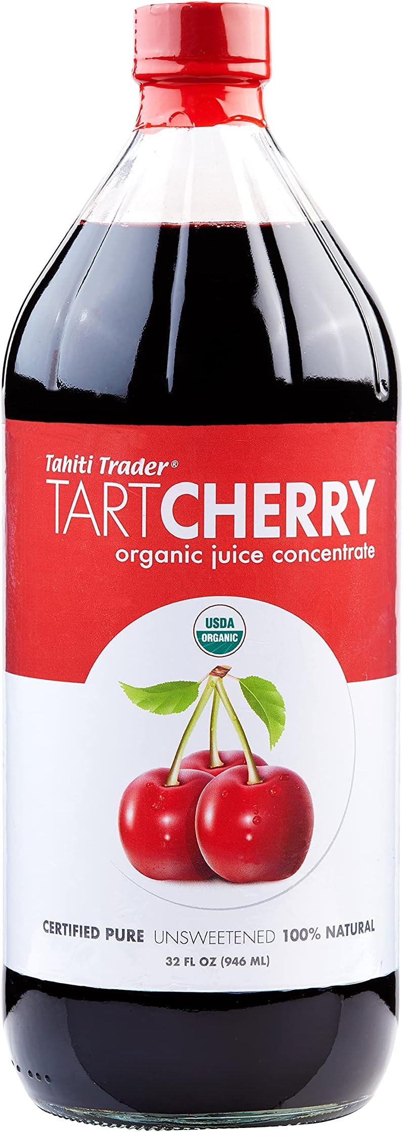 TAHITI TRADER Tart Cherry Organic Juice Concentrate - Ready to Drink Organic Superfood Promoting Immune Support & Overall Health - Pure, Unsweetened Fruit Juice - (32 oz, 1 Pack)