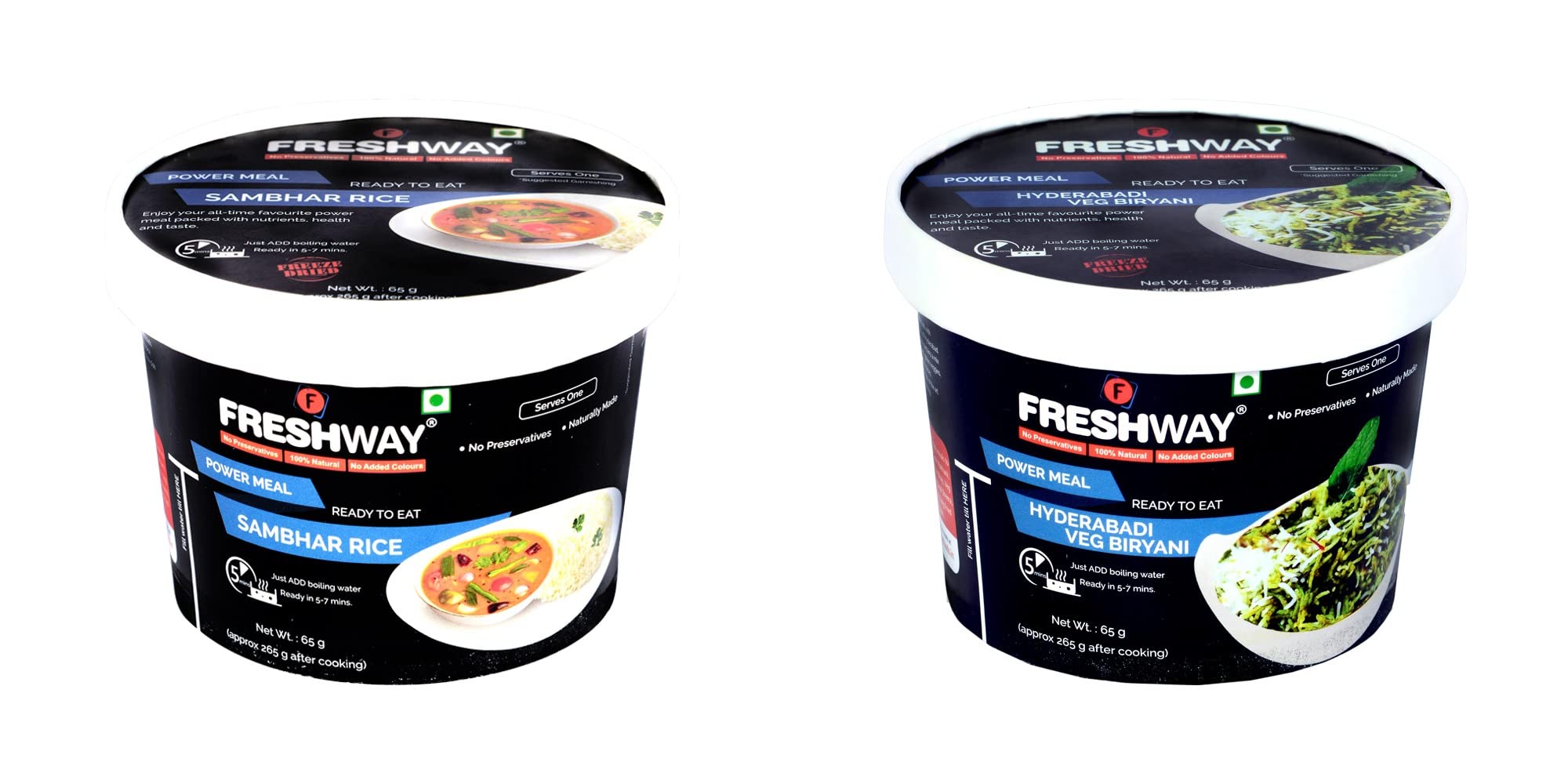 Freshway Pack of 2 (Sambhar Rice & Veg Hyderabadi Biryani) Ready to Eat Freeze Dried Products with No Added Preservative & Colors