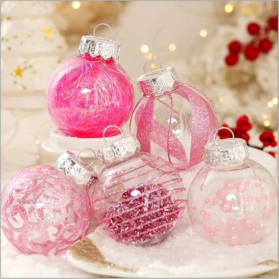 60MM/2.36 Christmas Ornaments Set, 30pcs Clear Christmas Ornaments Pink Christmas Ball Decorative Hanging Shatterproof Baubles for Xmas Tree Ornaments Decorations for Holiday Party Thanksgiving Decor