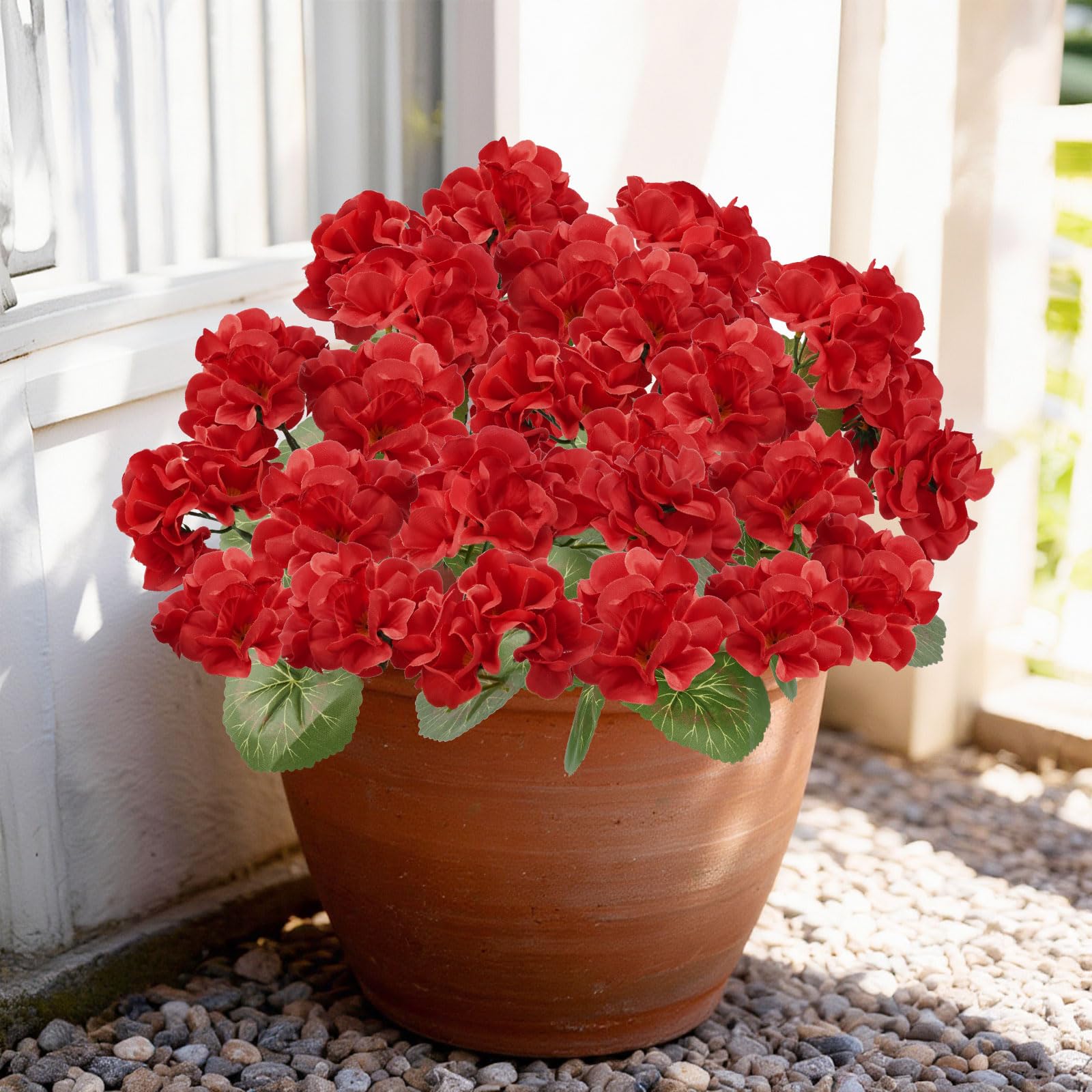 Famibay 2PCS Artificial Flowers Outdoor Geranium Red Silk Flower Geraniums Faux Plants Outdoor UV Resistant for Garden Balcony Window Boxes Decorations