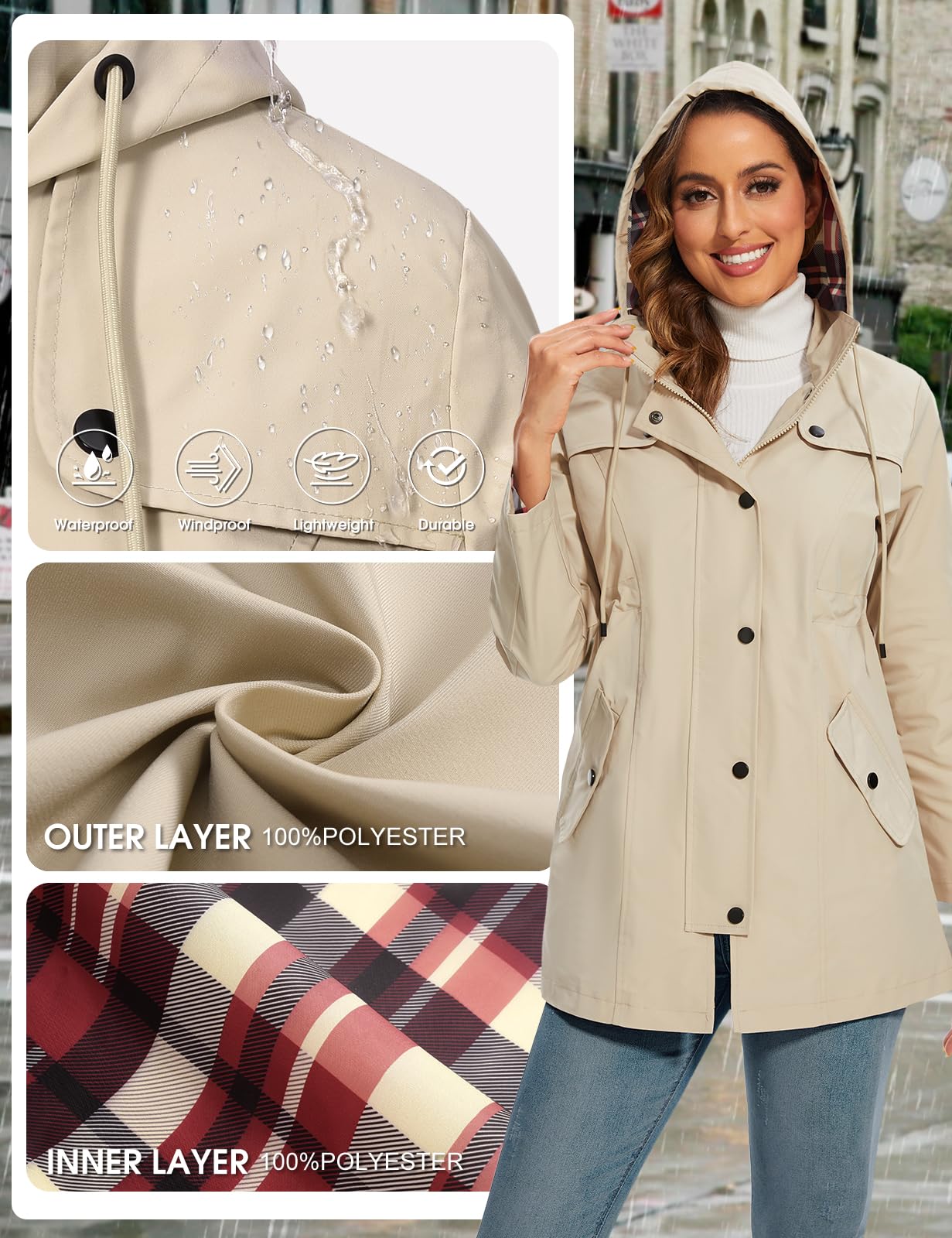 UMIPUBO Chubasquero Mujer Impermeable Cortavientos Parka Ligera Capucha Trekking