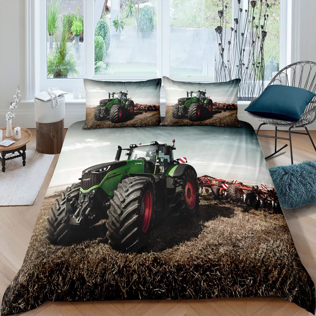 XPINGO Kinder Bettwäsche Traktor 135x200 cm 2teilig Jungen 100% Mikrofaser Sommer Weiche Winter Warm Bettbezüge mit Reißverschluss 3D Traktor Bettbezug mit Kissenbezüge 80x80 cm