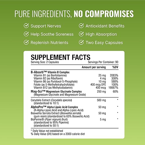 Miniatura 2 de Approved Science Nervprin - Soporte nervioso - Benfotiamina, B12, ácido R-alfa-lipoico, corydalis, boswellia, BioPerine - 360 cápsulas - Hecho en