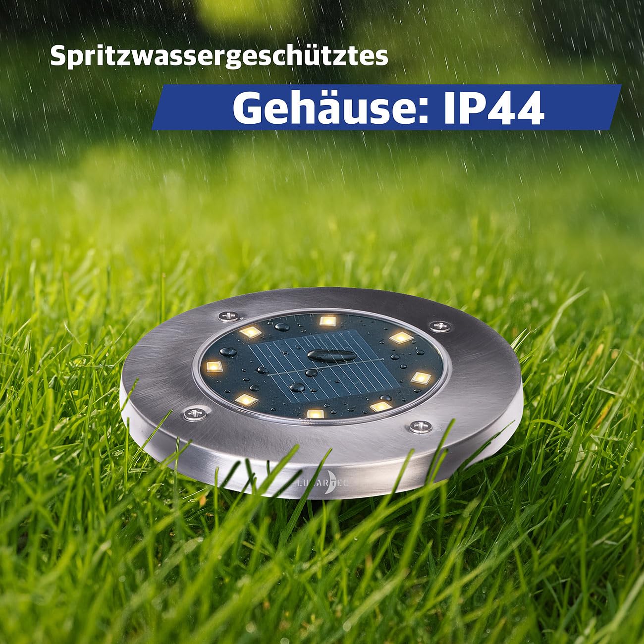 Lunartec Erdspieß-Bodenleuchten: 12er-Set Akku-Solar-Bodenleuchten, Edelstahlgehäuse, 8 LEDs, wamweiß (Solarleuchten Garten Boden, LED-Solar-Bodenstrahler, Beleuchtung)