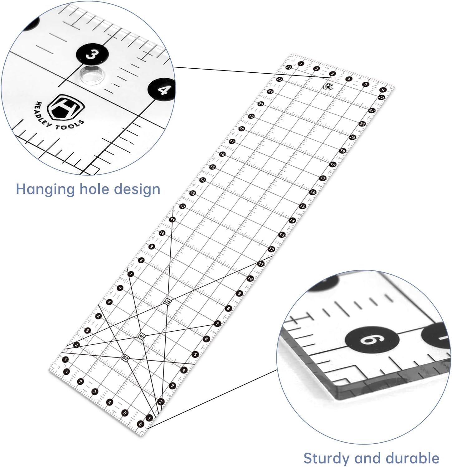 Headley Tools Sewing Ruler,Quilting Ruler (6.5"x 24"), Sewing and Quilting Ruler with 30°/45°/60° Angle Indicator, Acrylic Fabric Ruler for Sewing and Quilting,Clear/Black