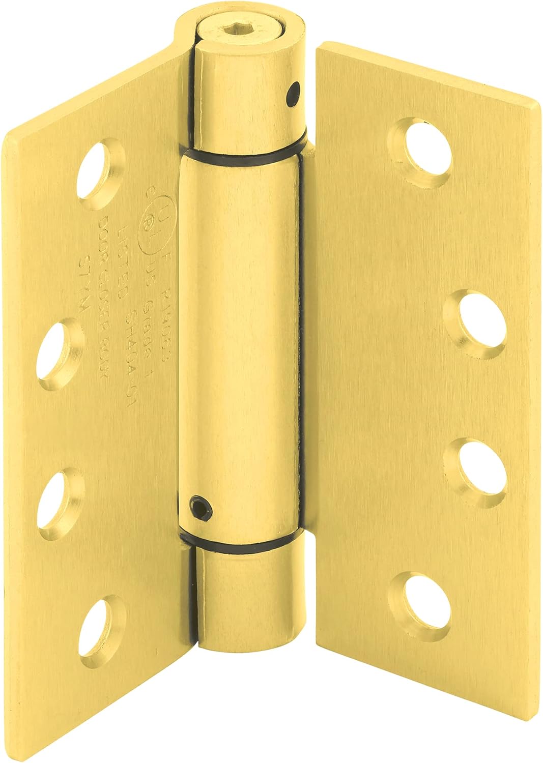 Prime-Line U 1158463 Door Hinge Commercial UL Adjustable Self-Closing Spring Hinge, 4-1/2 In. x 4-1/2 In. with Square Corners, 4 Holes per Leaf with Screws, Satin Brass Finish, .134 In. Gauge (3 Pack)