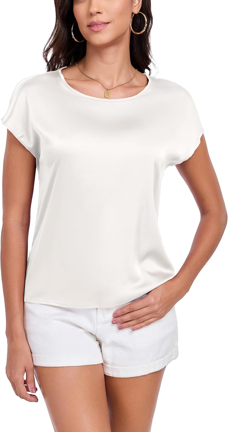 Wantschun Womens Silk Satin Shirt Casual Cap Short Sleeve Blouse Basic Round Neck Work Tops - Image 3