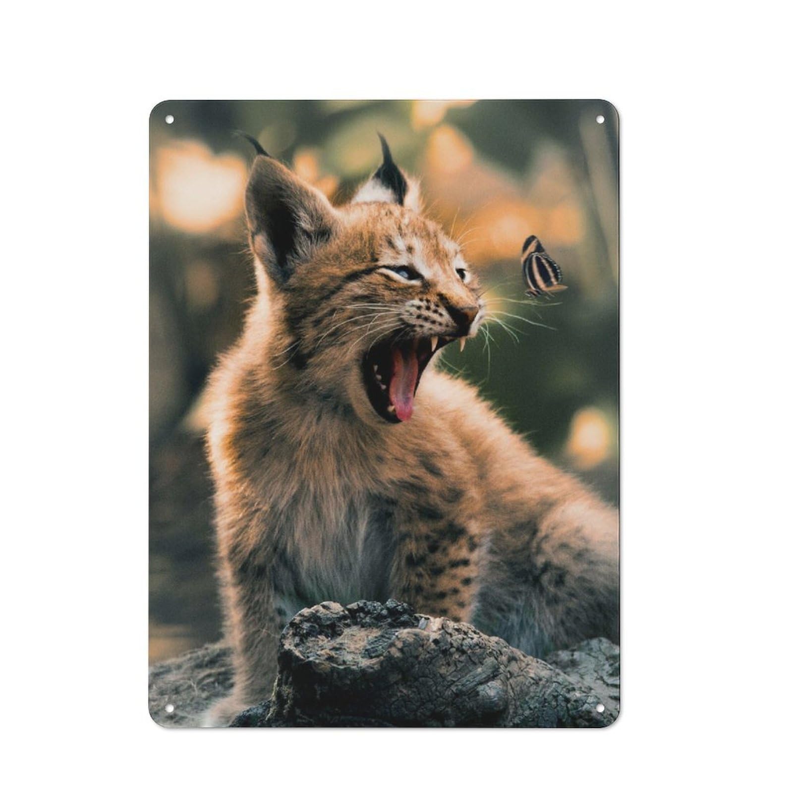 Junmoney The Lynx Cub And Butterfly Cottage Style Metal Wall Decor 40X30cm, Farmhouse Metal Sign For Dining Room, Cafe, Entryway Or Family Room