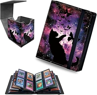 RWUTYTIUL Starry Night Cat 4 Pocket Trading Cards Album + MTG Commander Deck Box, Trading Card Binder Holder with 320 Card Protector, Expandable PU Card Book Collectable Board Game Magic Card Binder