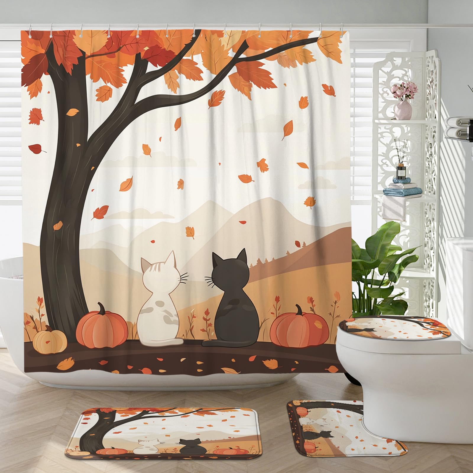 Juego de 4 piezas de baño con diseño de gato, accesorio de baño con alfombra antideslizante, en forma de U y cubierta de tapa de inodoro, decoración de baño de hoja de arce de árbol otoñal, 72 x 72