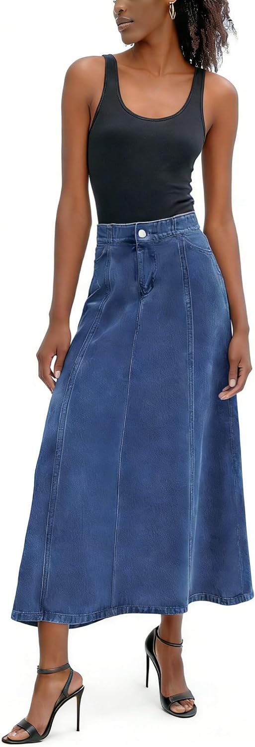 utcoco Women's Stretch High Waisted Denim Skirt Flowy A-Line Jean Maxi Skirt with Pockets