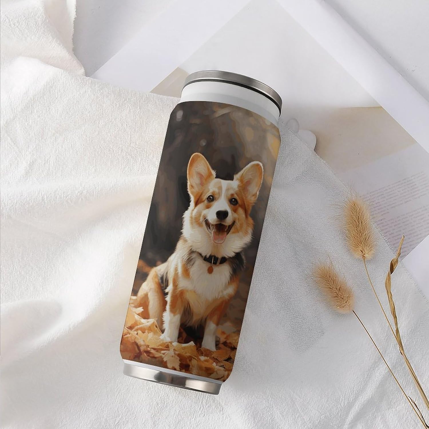 Stainless Steel Cups Corgi Dog Printed Coke Cup Stainless Steel Insulated Cups with Lid And Straw