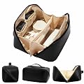 JD FRESH Wide Opening Leather Makeup Organizer Bag/Large Capacity Cosmetic Pouch with Partition & Carry Strap/Portable T
