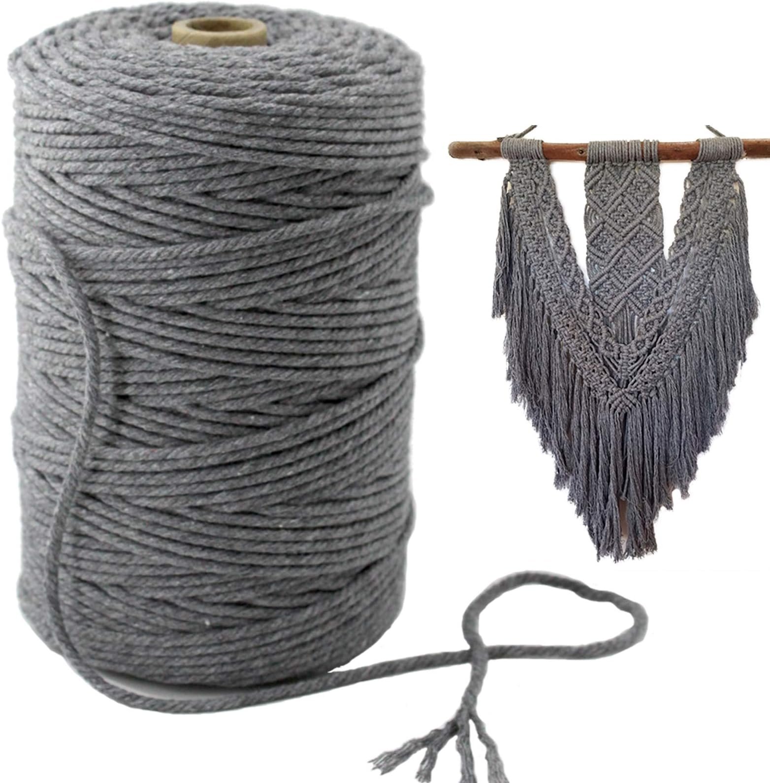 Macrame Cord 3mm x 219Yards (About 200m,656feet) Dark Gray Colored Cotton Macrame Rope 4 Strand Twisted Soft Cotton Cord for Handmade Wall Hanging Plant Hanger Craft Making DIY Knotting