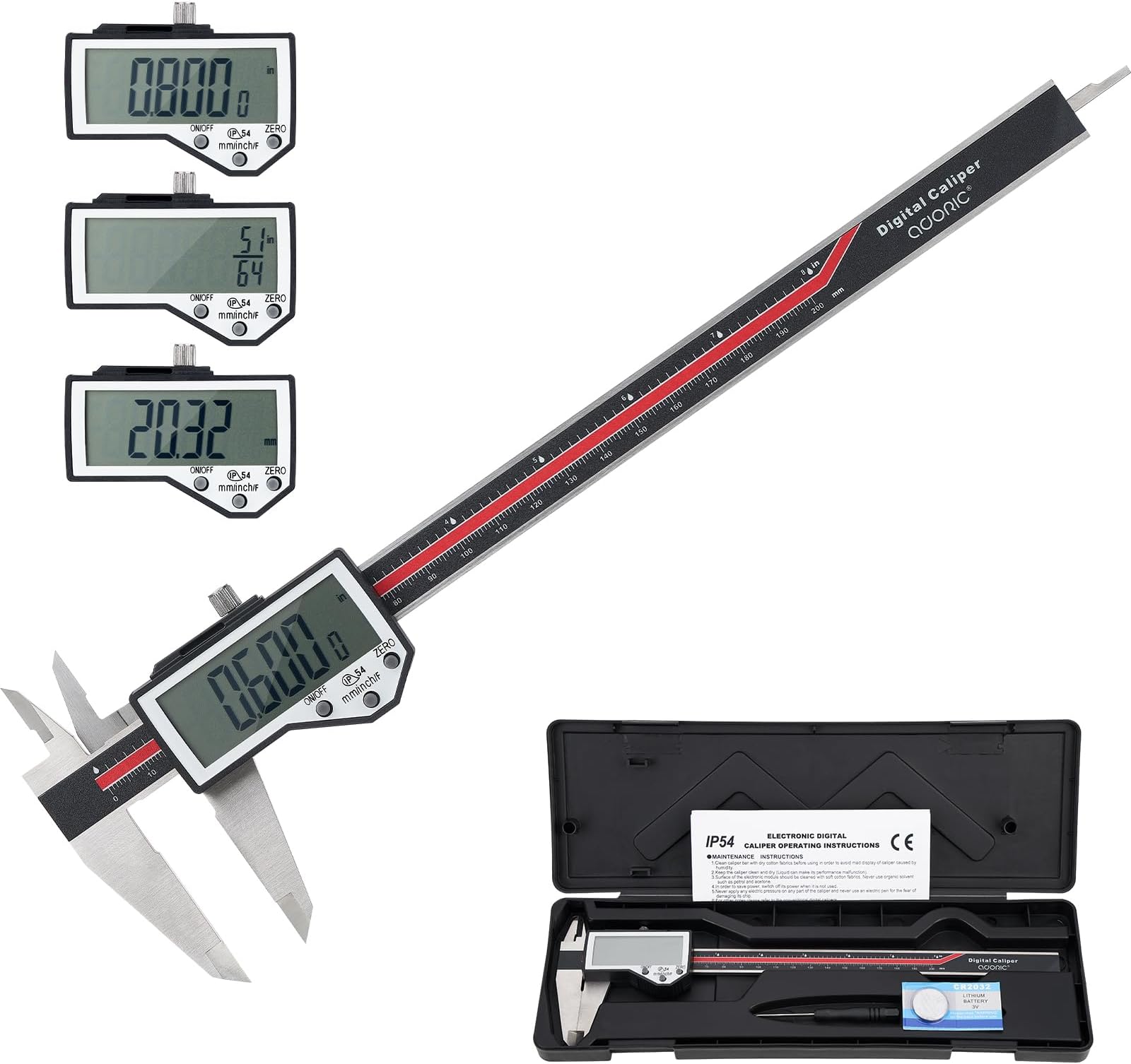 Digital Caliper, 8" Caliper Measuring Tool Extreme Accuracy Waterproof Electronic Vernier Caliper Industrial Stainless Steel Digital, Durable Measuring Tool with Large LCD Screen