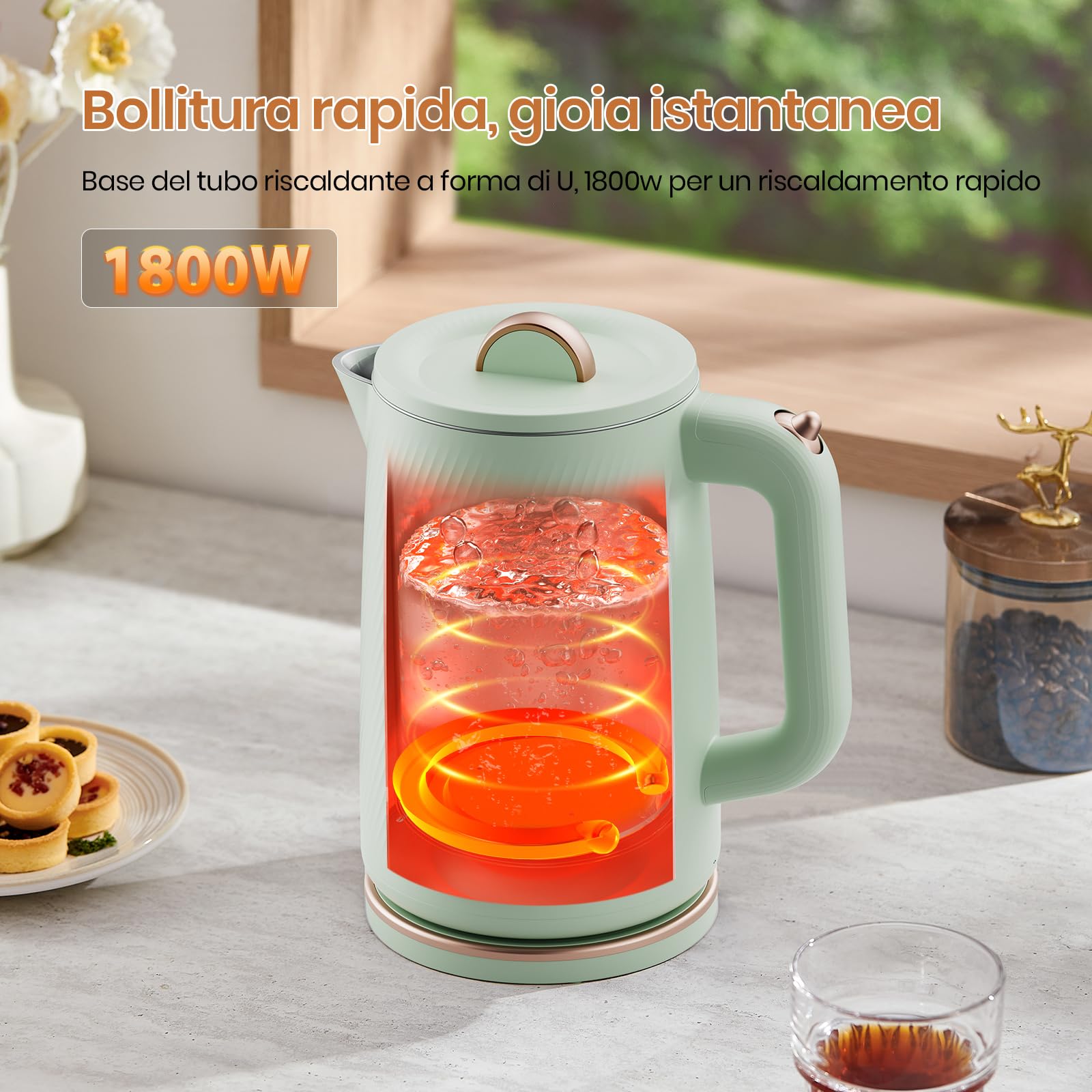 OLEGA Bollitore elettrico per acqua, bollitore per acqua calda a ebollizione rapida da 1800W, bollitore per acqua calda portatile da 1,8 litri Bollitore elettrico per tè Teiera (Verde)