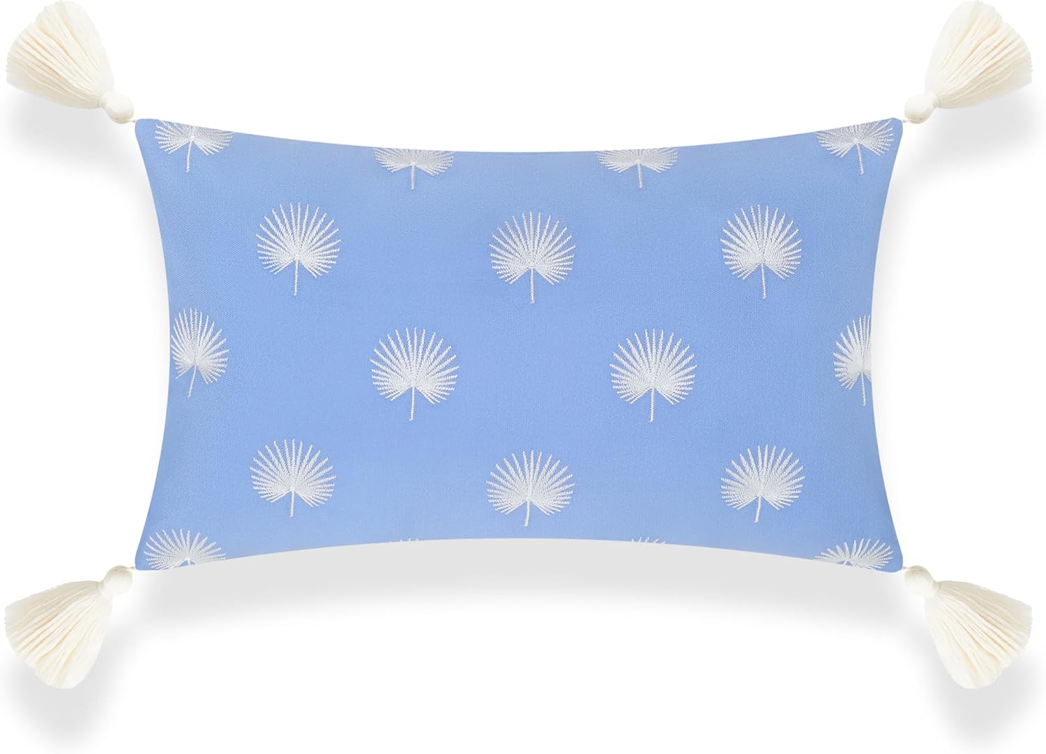 Hofdeco Premium Coastal Patio Indoor Outdoor Lumbar Pillow Cover Only, 12"x20" Water Repellent for Backyard, Couch, Cornflower Blue Embroidered Palm Leaf Tassel