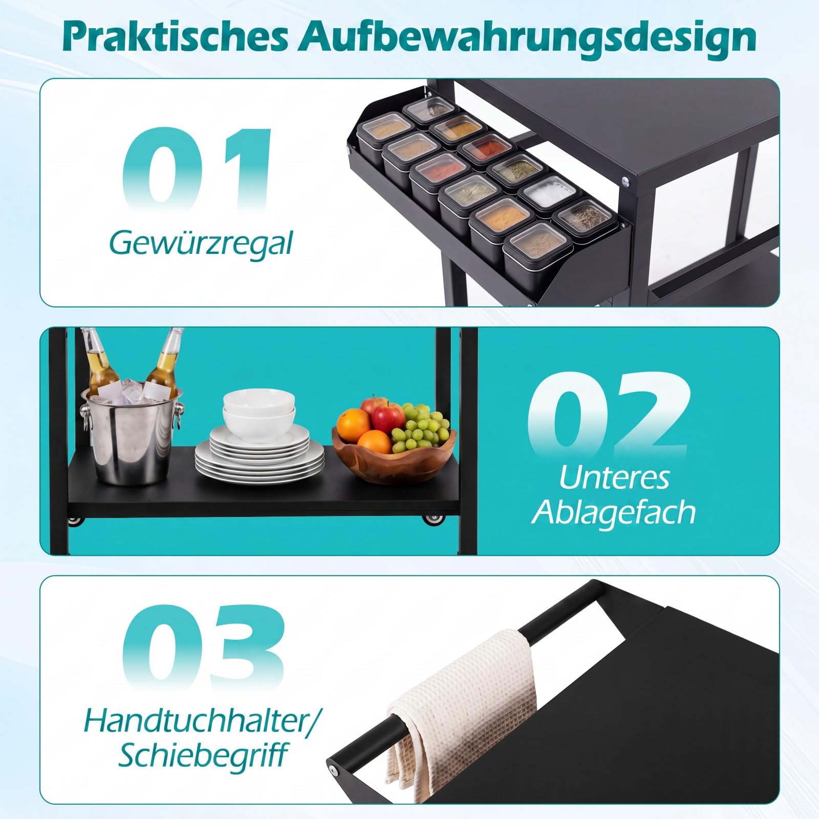 COSTWAY Grillwagen Outdoor, Grilltisch auf Rollen, Pizzatisch mit 2 Ablagen, Griff & Gewürzregal, Servierwagen Metall, Grill Beistelltisch wetterfest, für BBQ Partys, 100 x 45 x 80 cm, Schwarz