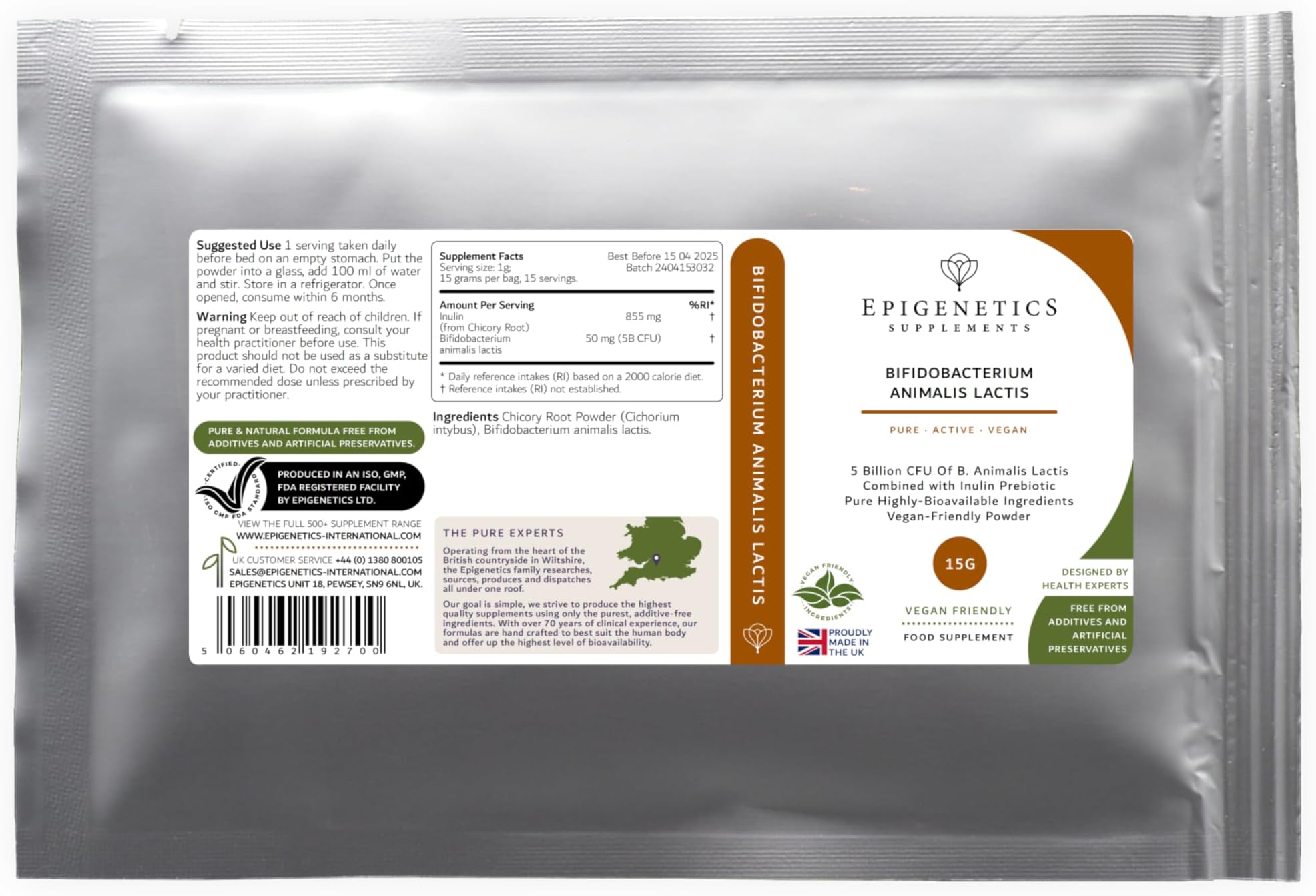Bifidobacterium Animalis Lactis 15g | 5 Billion CFU Probiotic + Chicory Root Prebiotic (Inulin) | Vegan Friendly Powder UK Made | 1g Daily (15 Servings)