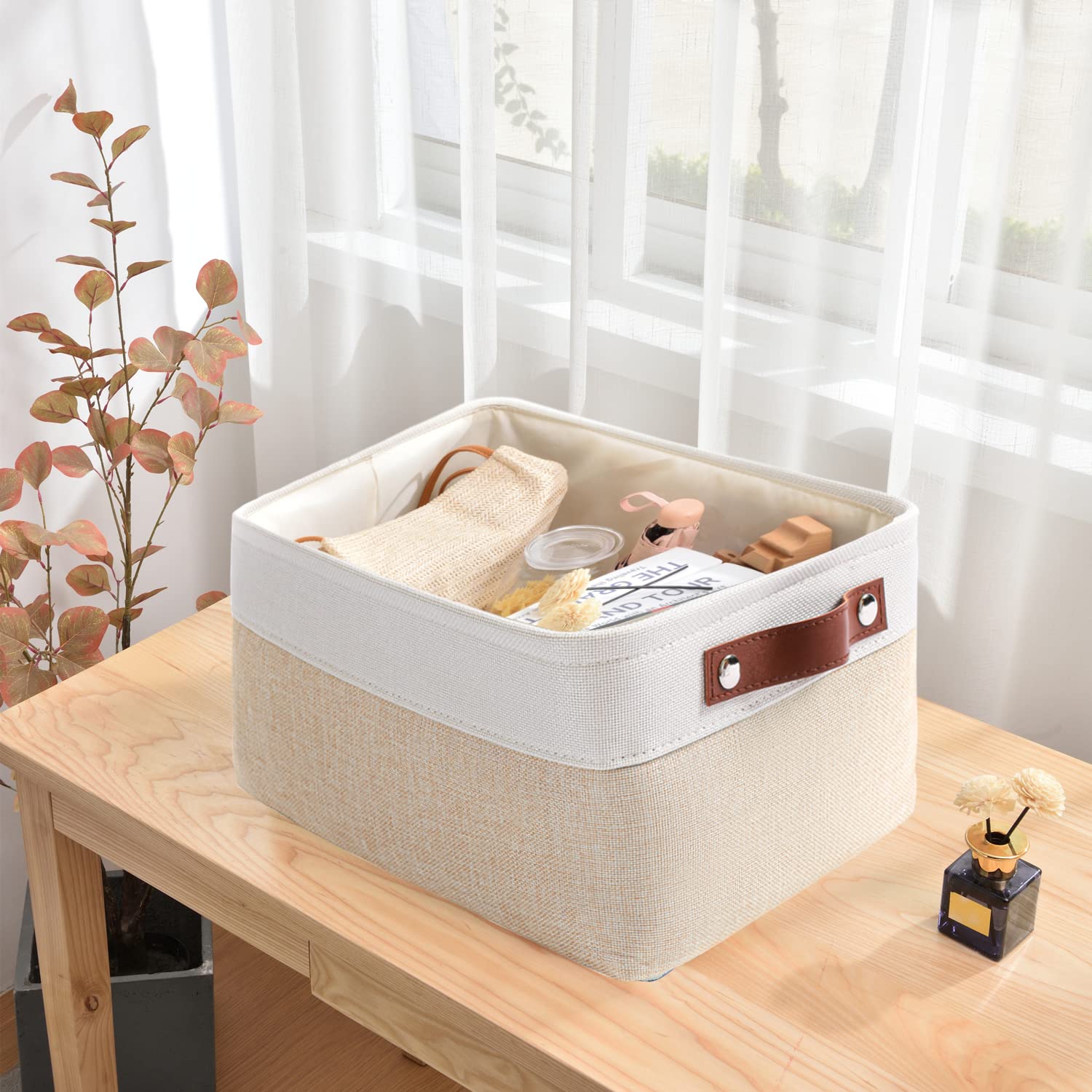 Mangata Juego de 3 Caja de Almacenaje, Cesta de Almacenamiento de Tela Plegable para Ropa, Juguetes, Estanterías, Armarios (Caqui/Blanco, Large)