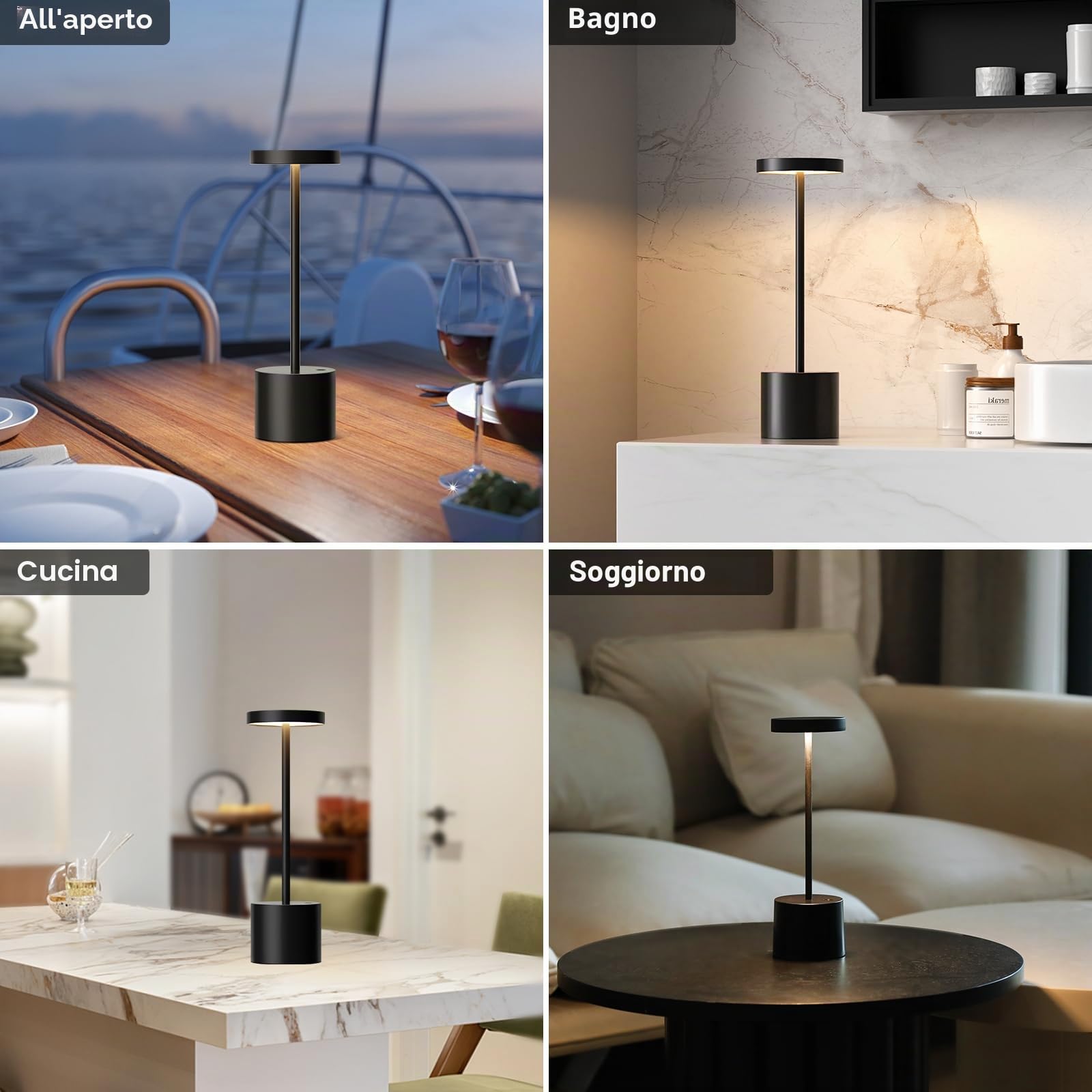 Lampada da tavolo senza fili, Lampada LED da tavolo ricaricabile, 3 Modalità di Colore, Lampada da tavolo LED per sala da pranzo, camera da letto, bar, caffè, ristorante, patio, set da 2 - Nero
