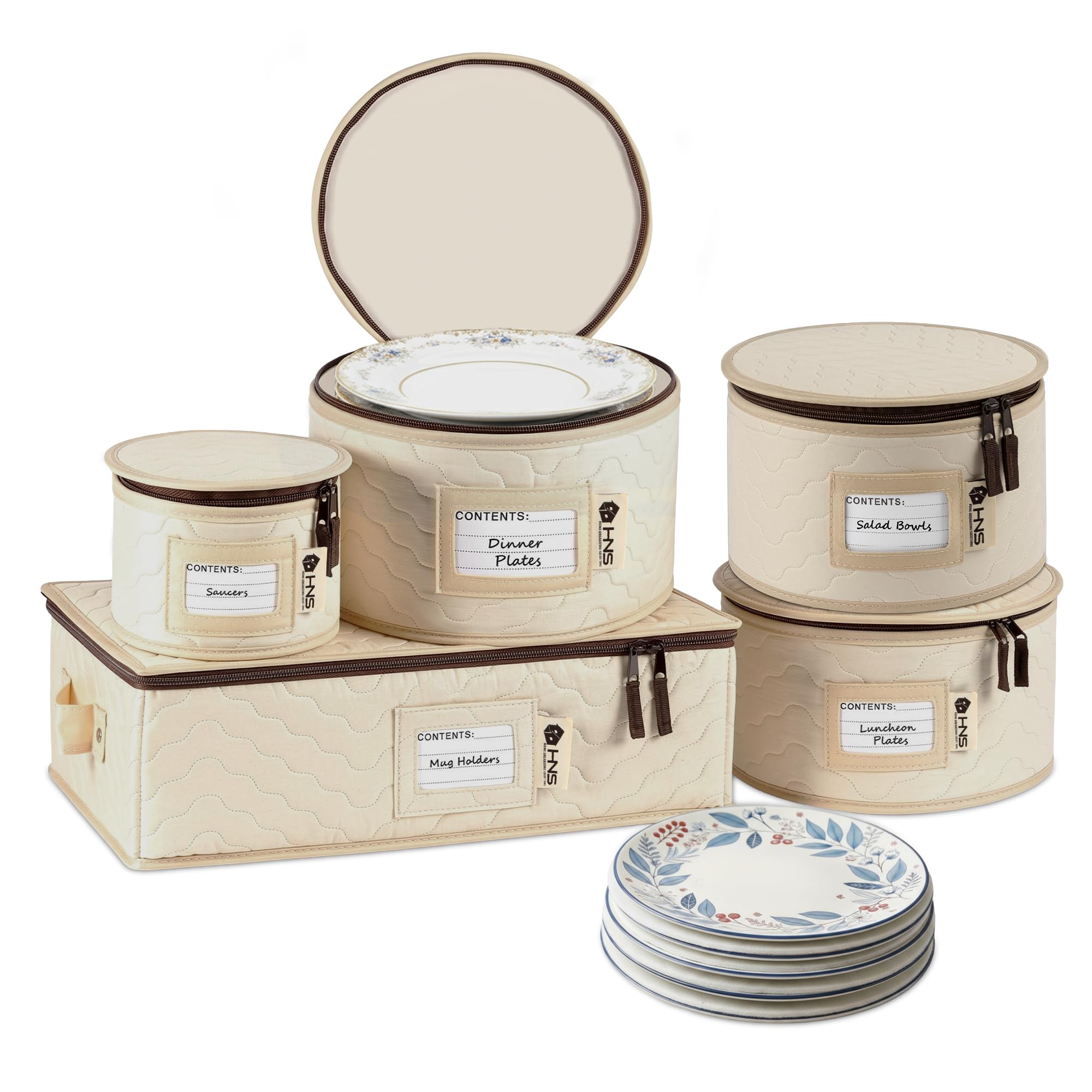 china storage hard shell containers 5-piece set moving boxes for dinnerware, glasses, plates, mugs and saucers sturdy dish organizer with dividers for seasonal storage - service for 12 - beige quilted