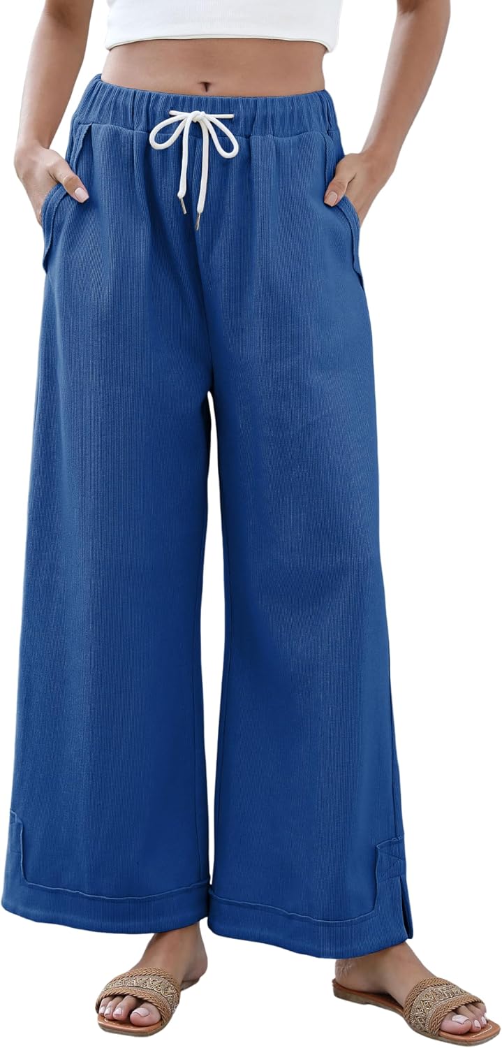 Athlisan Womens Baggy Wide Leg Palazzo Pants Casual Loose Drawstring Elastic Waisted Lounge Trousers with Pockets