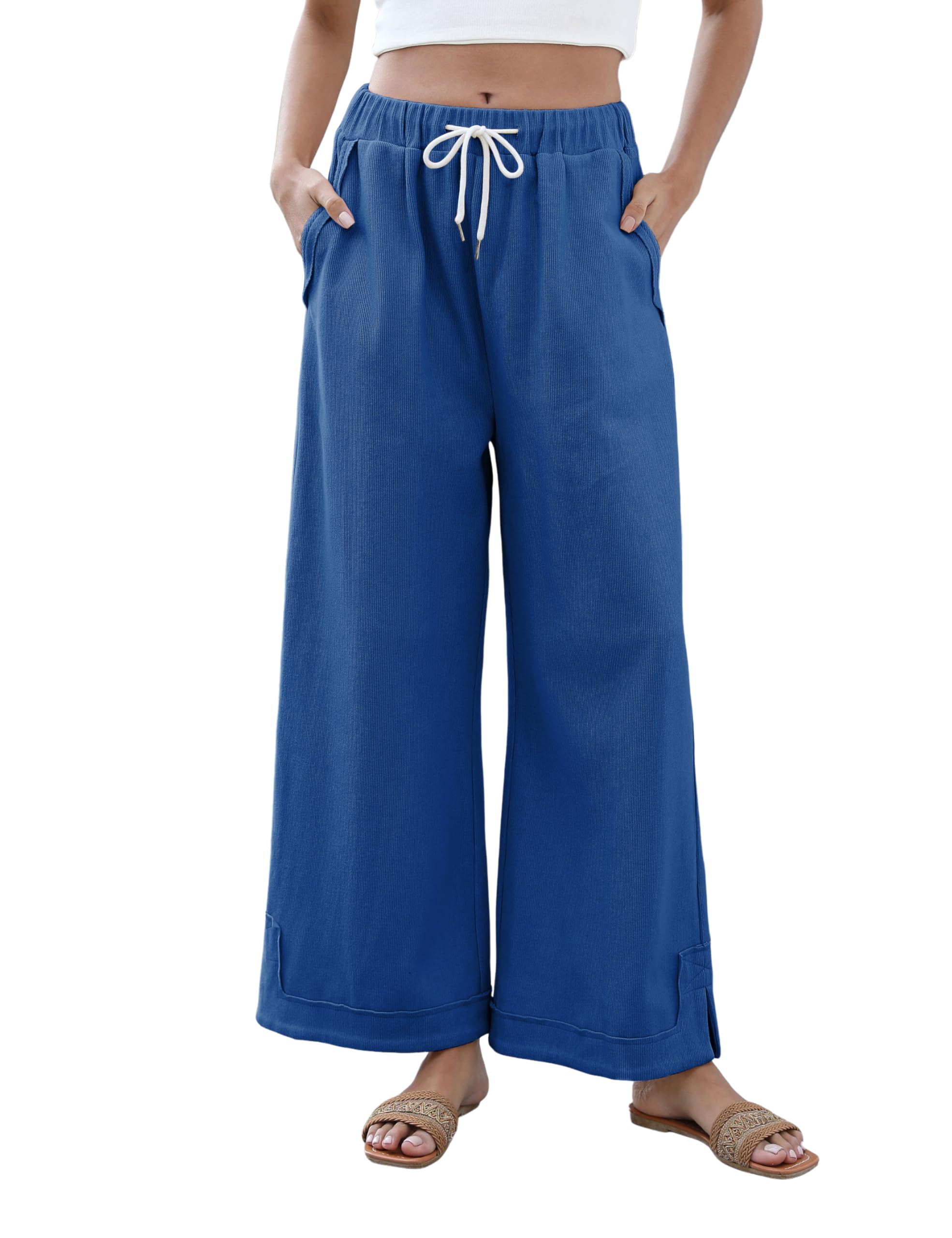 Athlisan Womens Baggy Wide Leg Palazzo Pants Casual Loose Drawstring Elastic Waisted Lounge Trousers with Pockets