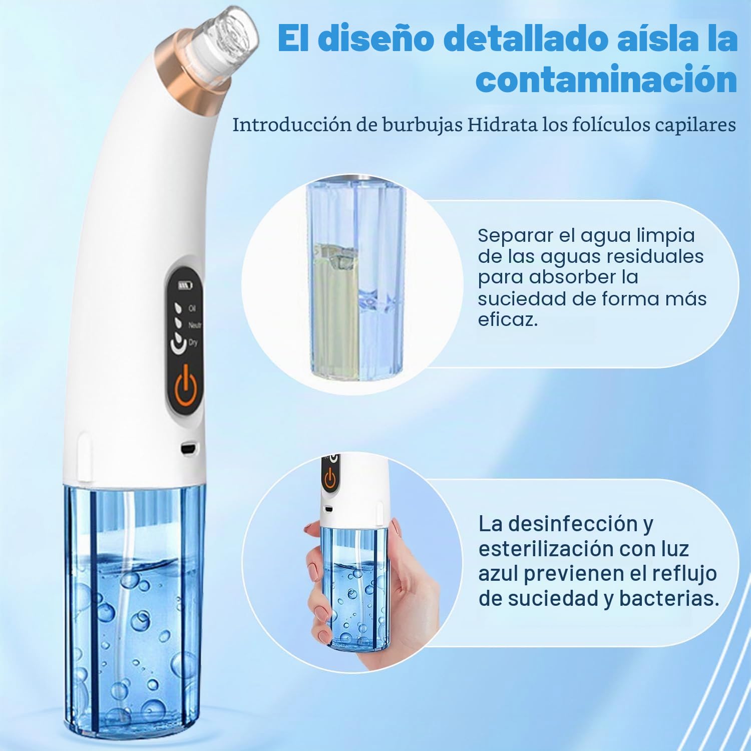 Succionador de Puntos Negros, Limpiador de Poros Facial Eléctrico 3 Modos | 6 Cabezales, Hidratante, Limpieza Facial Profunda, Carga USB, para Eliminar Comedones y Acné Graso