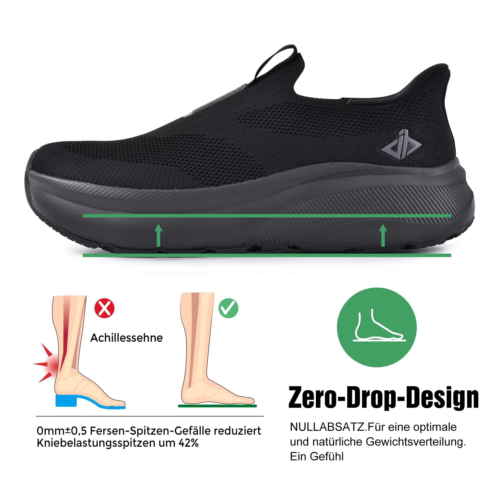 JACKSHIBO Manos libres Slip ins Hombre Zapatos Slip on Sneakers Reposapiés Zapatos ortopédicos de espuma viscoelástica Zapatos para caminar con puntera ancha tacón cero suelas, Negro , 44 EU Ancho