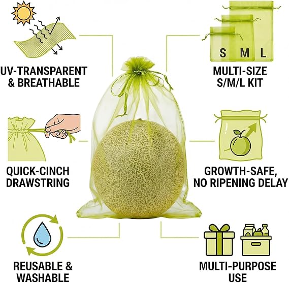 MultiSize Fruit Protection Bags, 100Pcs JapaneseFiber Organza Fruit Bags Mesh, Reusable Garden Mesh Bags, Fruit Tree Bags for Orchard, Balcony, Insect/Bird Barrier, Fruit Exclusion Bags