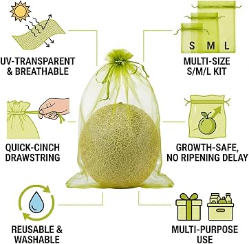 MultiSize Fruit Protection Bags, 100Pcs JapaneseFiber Organza Fruit Bags Mesh, Reusable Garden Mesh Bags, Fruit Tree Bags for Orchard, Balcony, Insect/Bird Barrier, Fruit Exclusion Bags