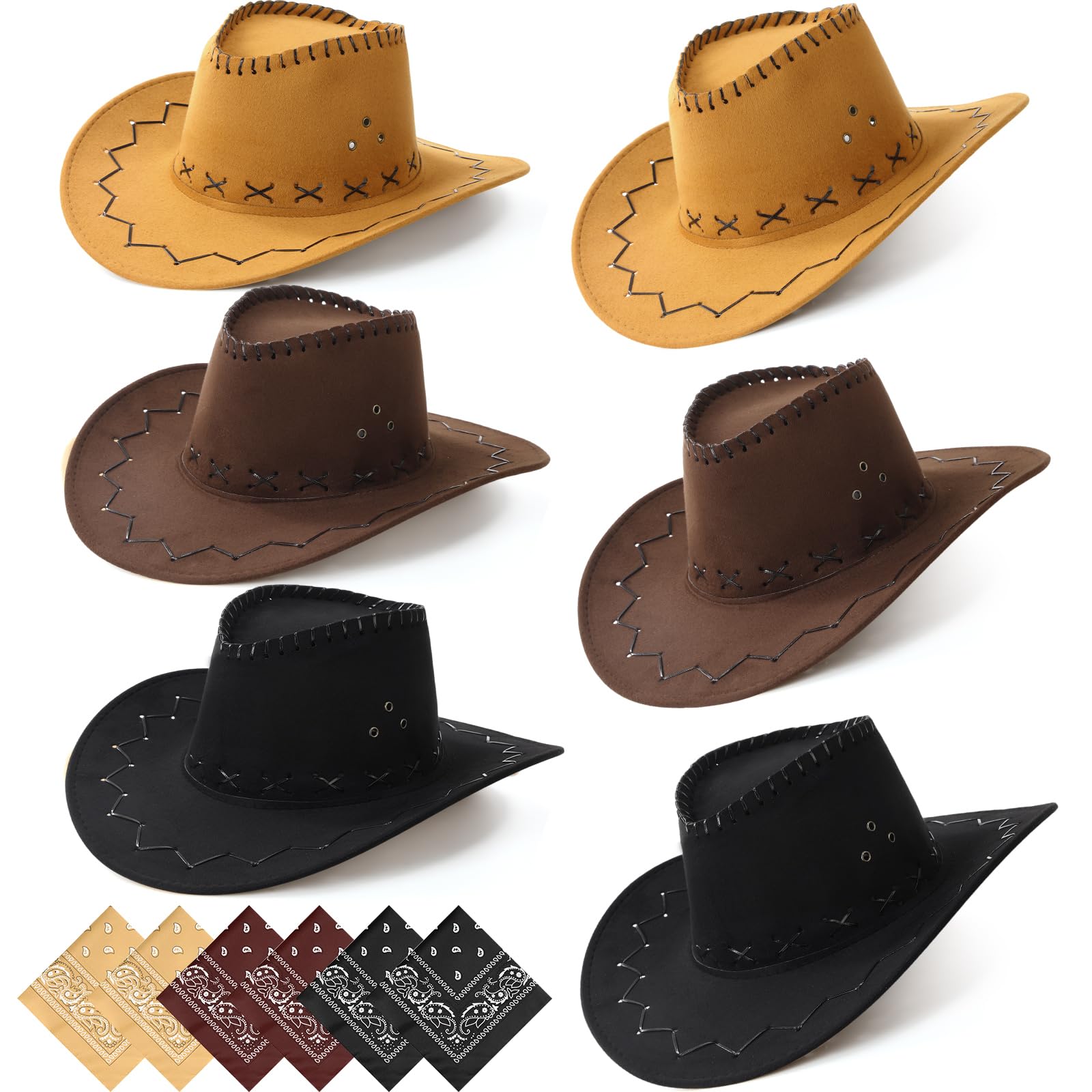 Zhanmai 12 Pcs Cowboy Hats Bulk, 6 Hats with 6 Bandanas