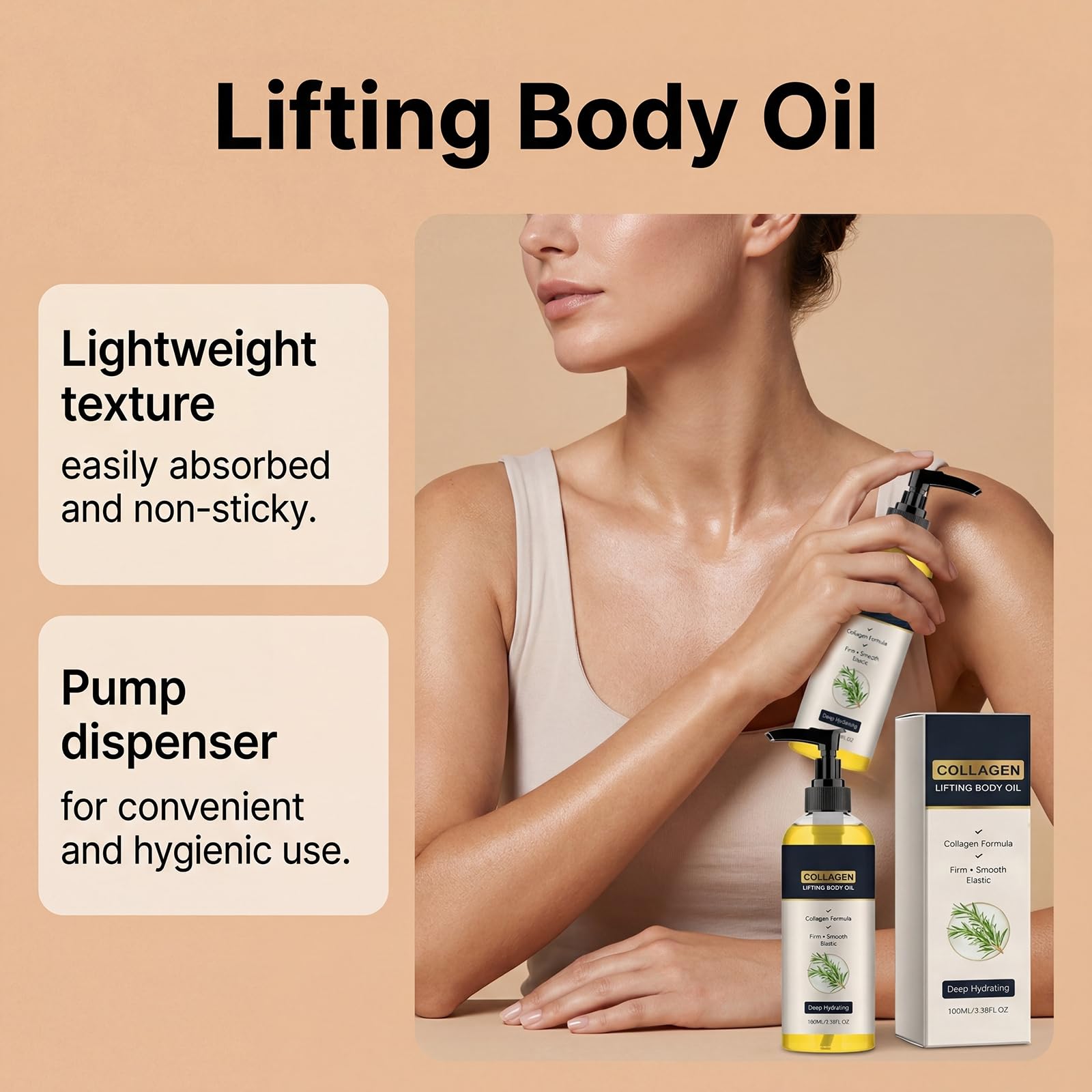 Aceite corporal reafirmante con colágeno, ligero, de absorción rápida, hidratante no grasa para una piel lisa, radiante, reafirmante e hidratante con aceite corporal (6 unidades)
