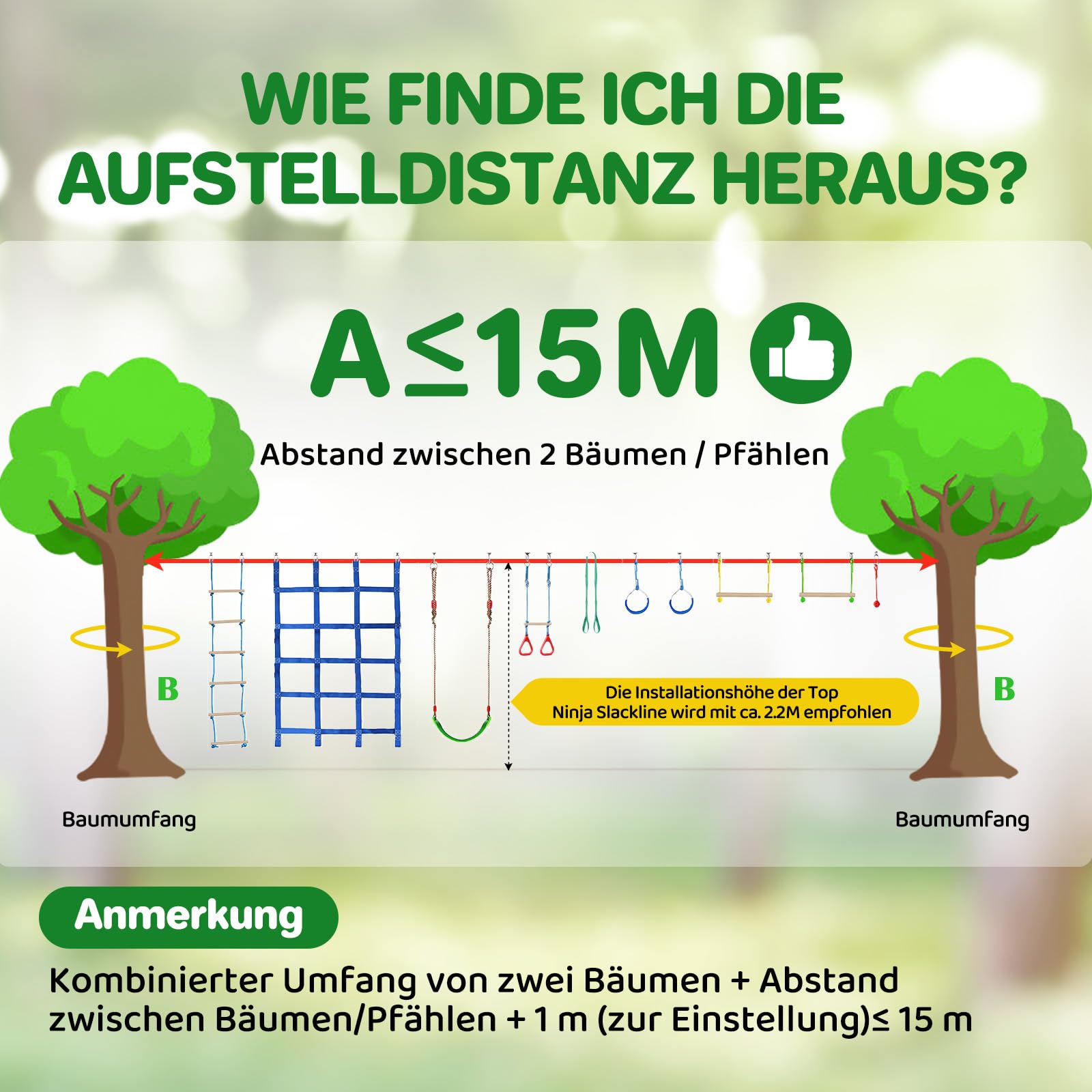 Dripex Slackline, Ninja Slackline Kinder 2×15m und Ninja Warrior Hindernisparcours Garten im Freien,Ninja Parcours Kinder mit Schaukel, Kletterleiter, Kletternetz und Baumschutz, geeignet für Anfänger