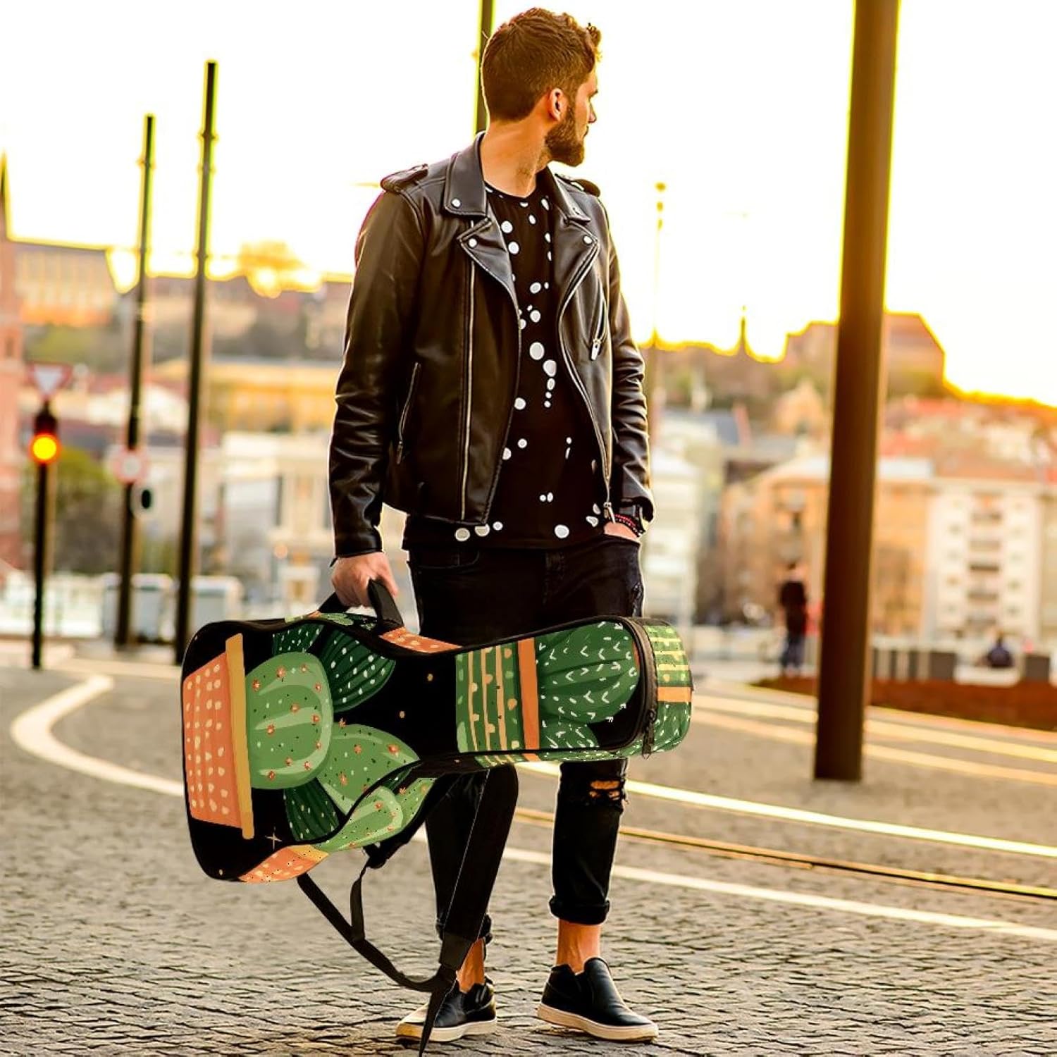 40 41 42 Inch Acoustic Guitar Bag, 0.4 In Thick Sponge Padded Guitar Case Gig Bag with Back Hanger Loop and 2 Pockets, Cute Green Cactus Seamless Botanical Pattern