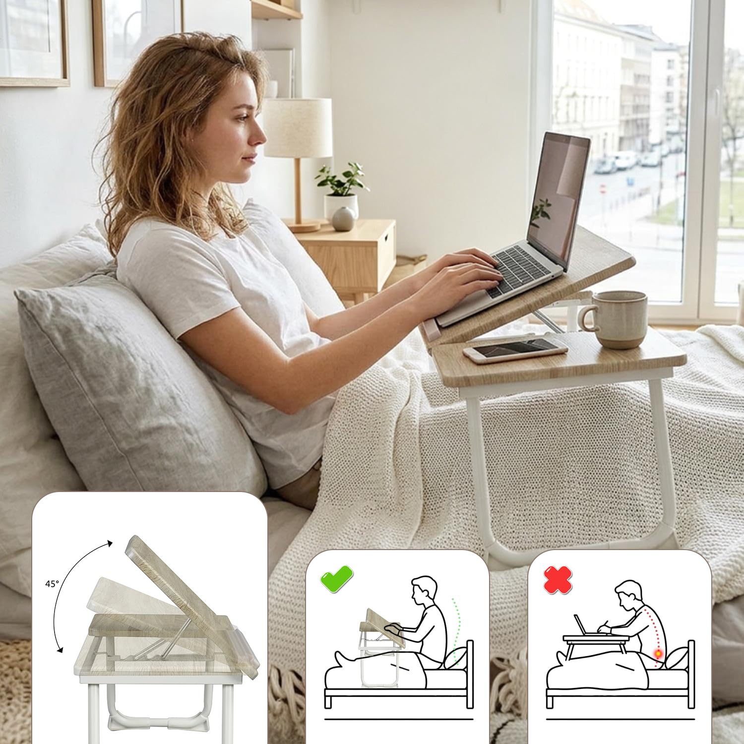 MEUBLE COSY Tavolino Pieghevole Vassoio da Letto Scrivania per Laptop PC Divano Supporto Regolabile e Portatile, Rovere + Bianco