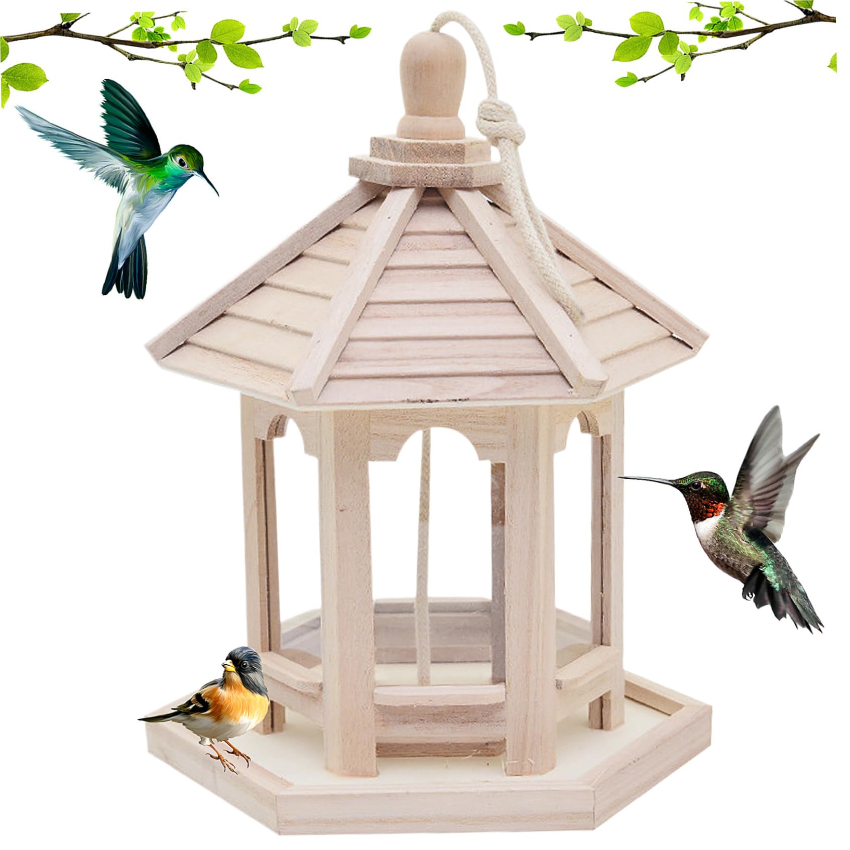 Comedero para pájaros de madera, mesa para pájaros colgante impermeable con techo extraíble, comedero para casa de jardín natural, mesa decorativa de madera para amantes y decoraciones de jardín